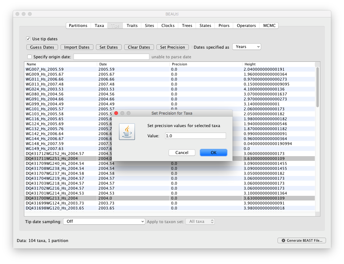 Set precision for selected taxa