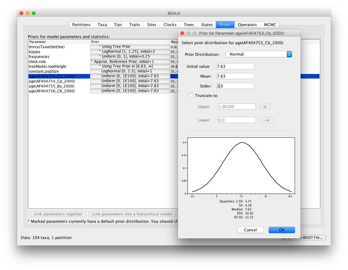 Set prior on selected node height